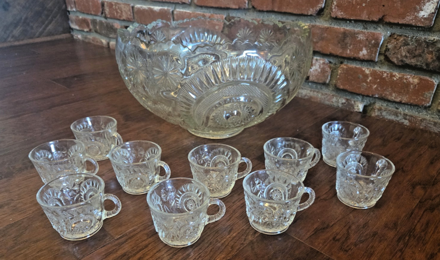 Vintage LE Smith Pinwheel & Stars Punch Bowl + 10 cups Set EUC clear glass Large