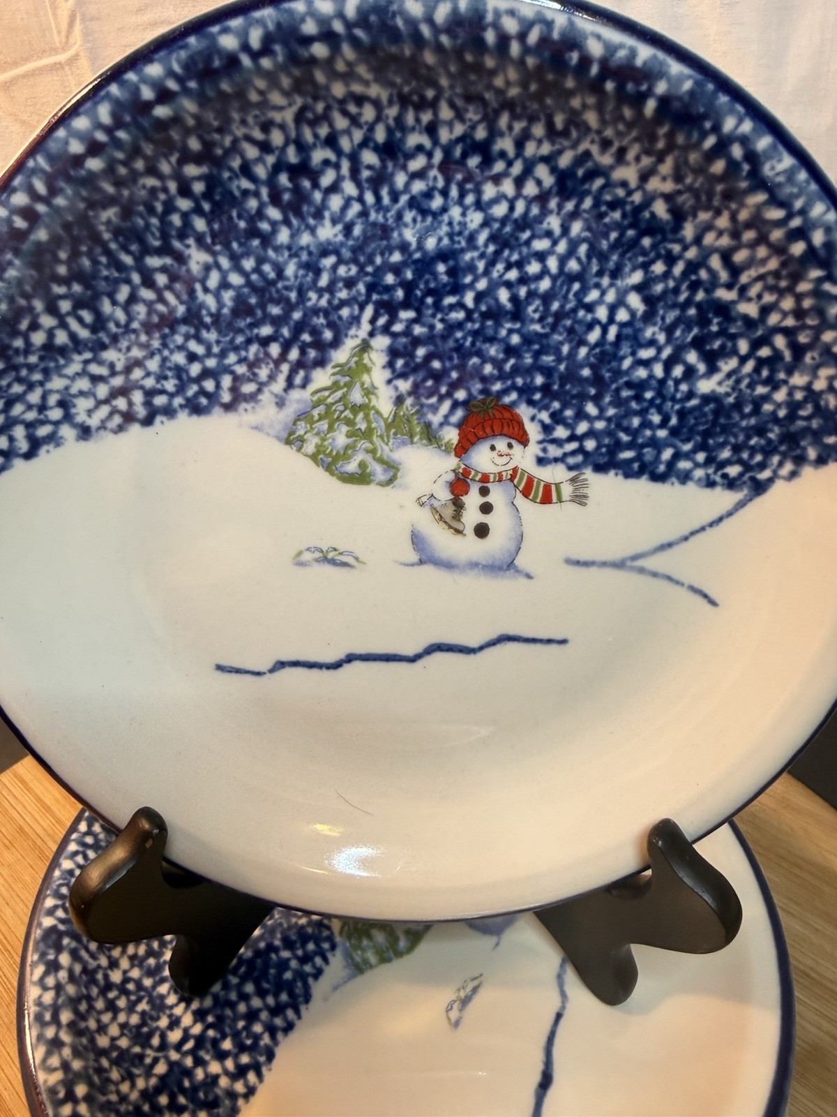 Thomson Pottery Snowman Salad Plates 7.75” Set of 4 Blue Sponge Winter