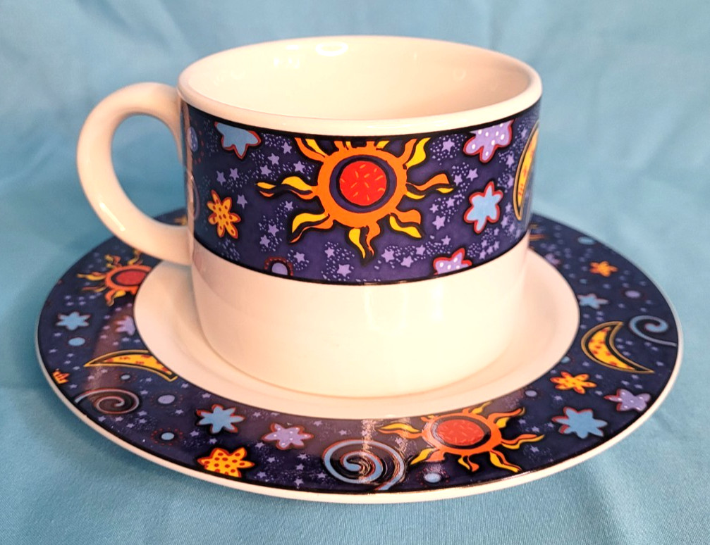 Sakura Celestial Cup and Saucer Set Stoneware 1992 White Multi-color Very Good