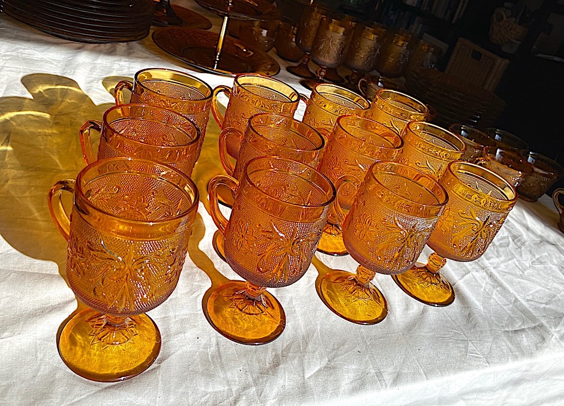 Vintage Tiara Exclusives Amber Victorian Sandwich Glass Footed Goblets w/Handles