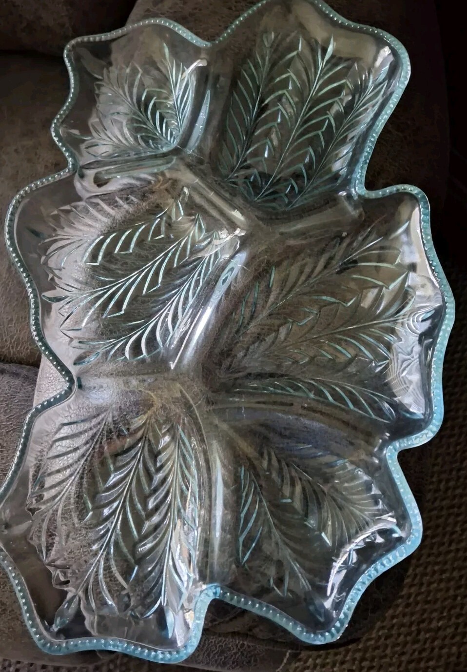 Vintage Jeanette Glass Aqua Ice Blue Feather Divided Relish Tray 17″x11″