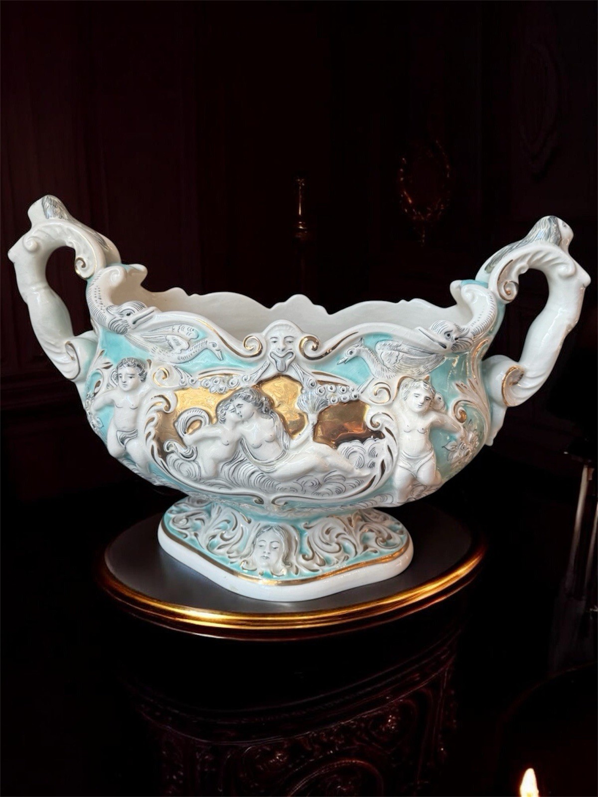 Very Rare Ardalt Capodimonte Mermaid Cherub Italian Porcelain Centerpiece Bowl
