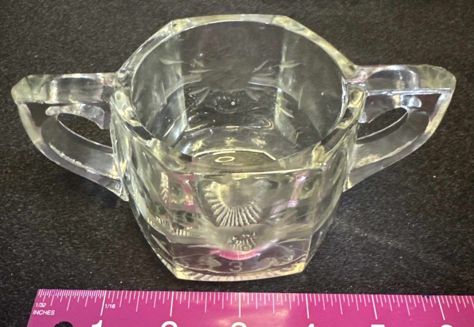 VTG Clear Crystal Glass Sugar Cube Bowl W/Flower Engraved On Sides