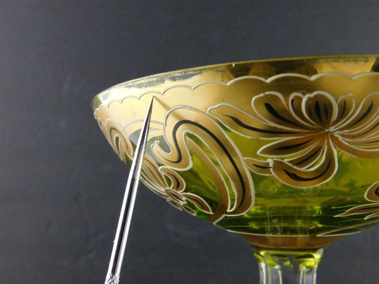 Art Glass Tall Stem Compote Dish Nouveau Floral Gold Green Clear X Mark