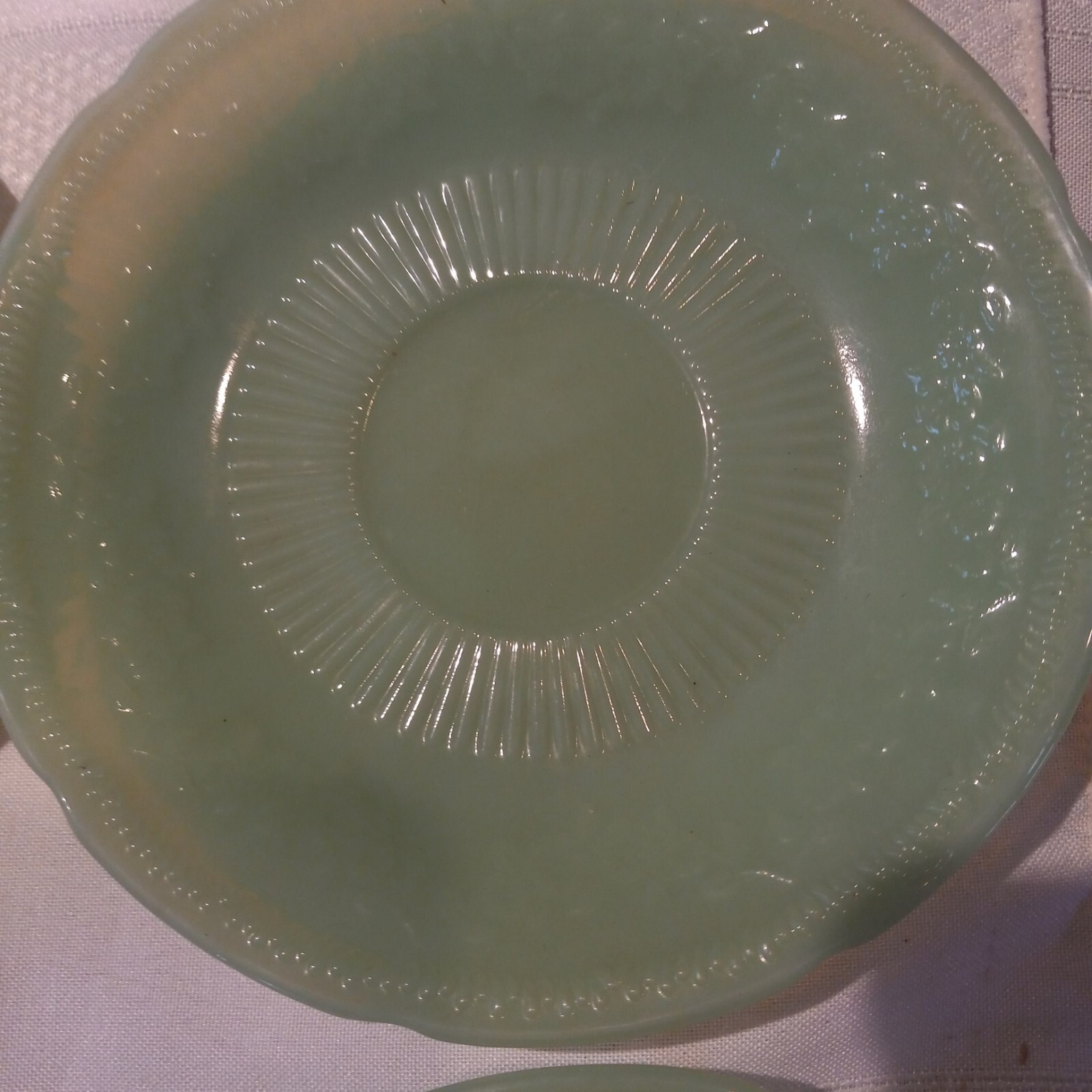 Four ALICE pattern Jadeite Anchor Hocking Saucers Nice Condition Replacecments