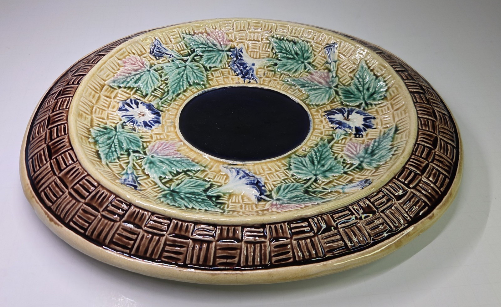 Antique Oval Majolica Basket Weave Footed Platter Floral Bread Bowl Cobalt 12¾”