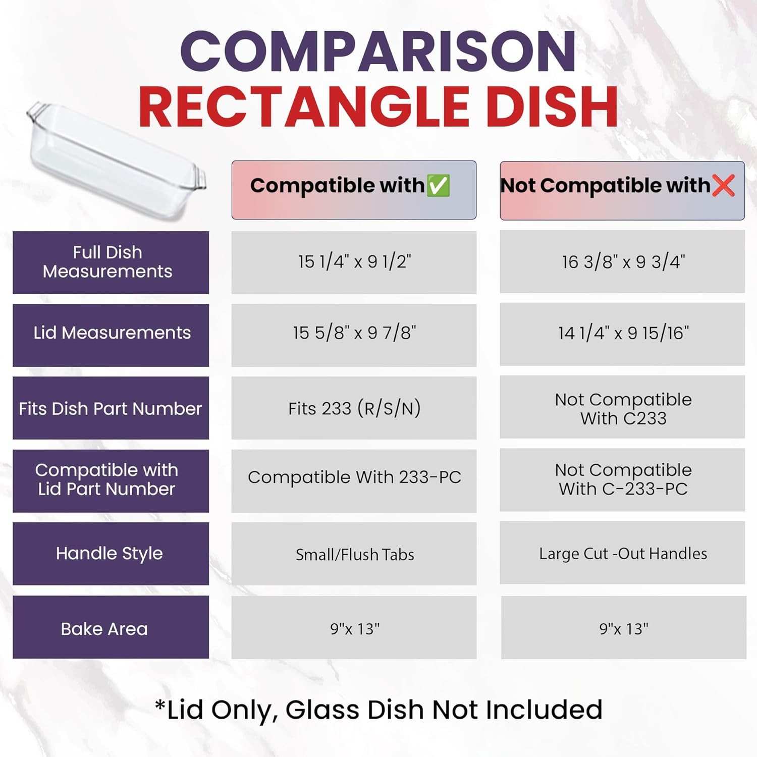 Replacement Lid Fits Pyrex 9X13 233 Glass Casserole Baking Dish Container with T