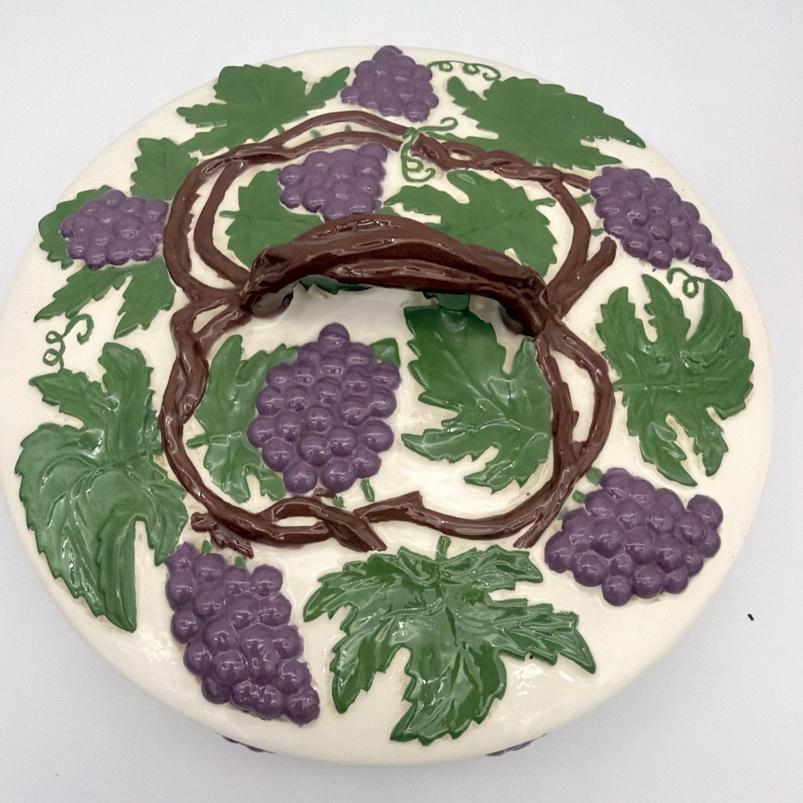 Ann Hall 1970 Vintage Ceramic Covered Dish Grape Motif Fruit Pattern