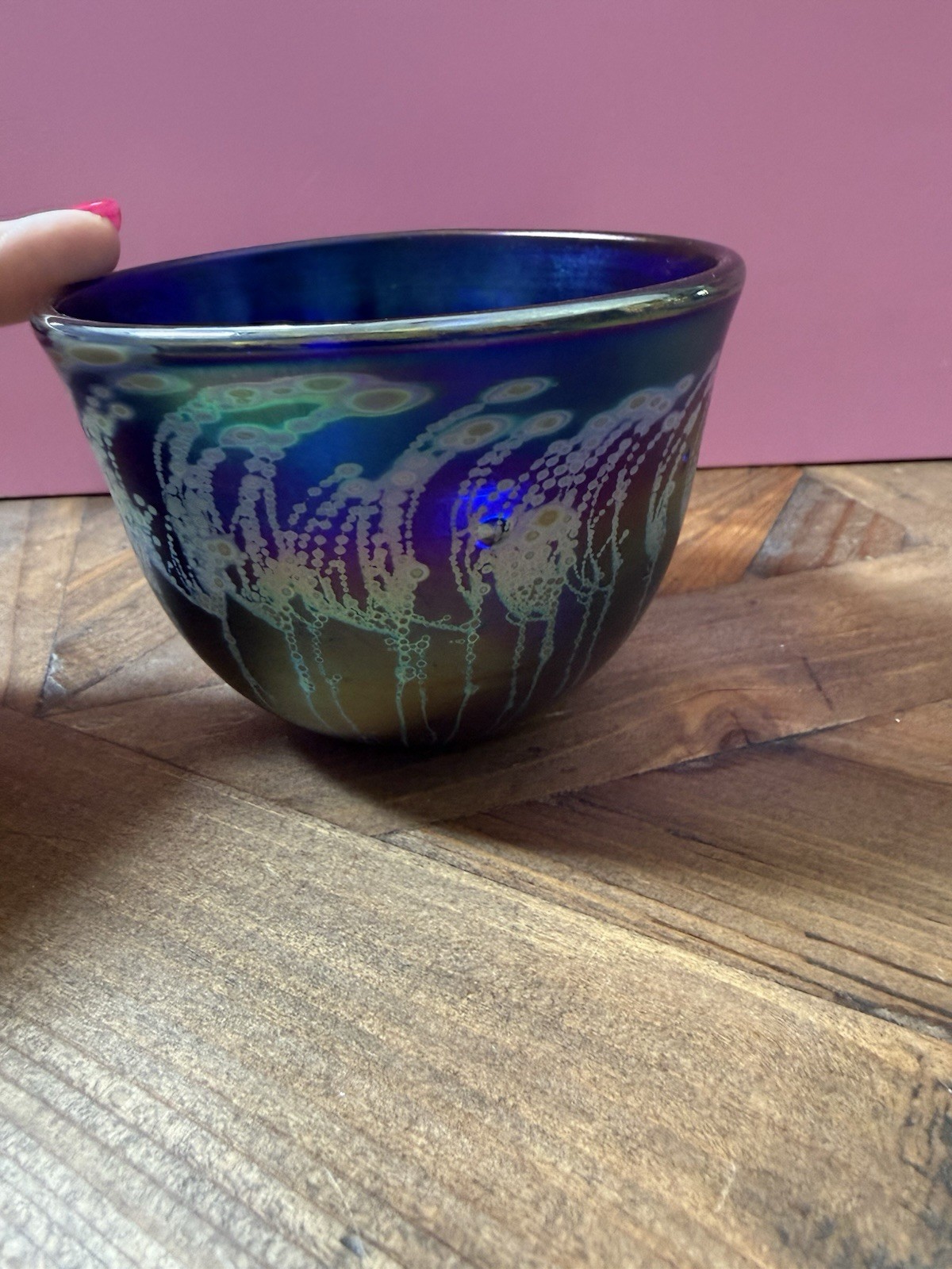Coleman 1994 Signed Hand Blown Iridescent Blue Art Glass Bowl 5″ Round 3″ High