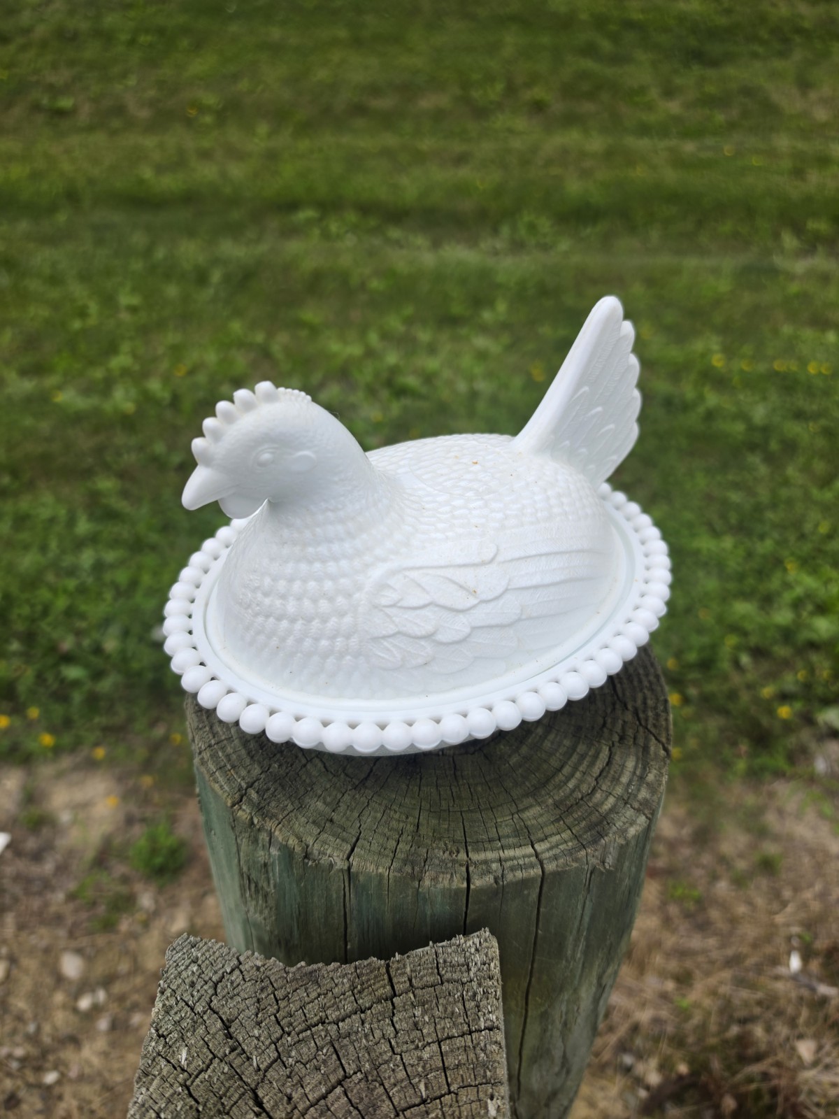 Slotted Indiana Milk Glass 7″ Hen on Nest Open Bead Stippled Nest Vtg 1960’s