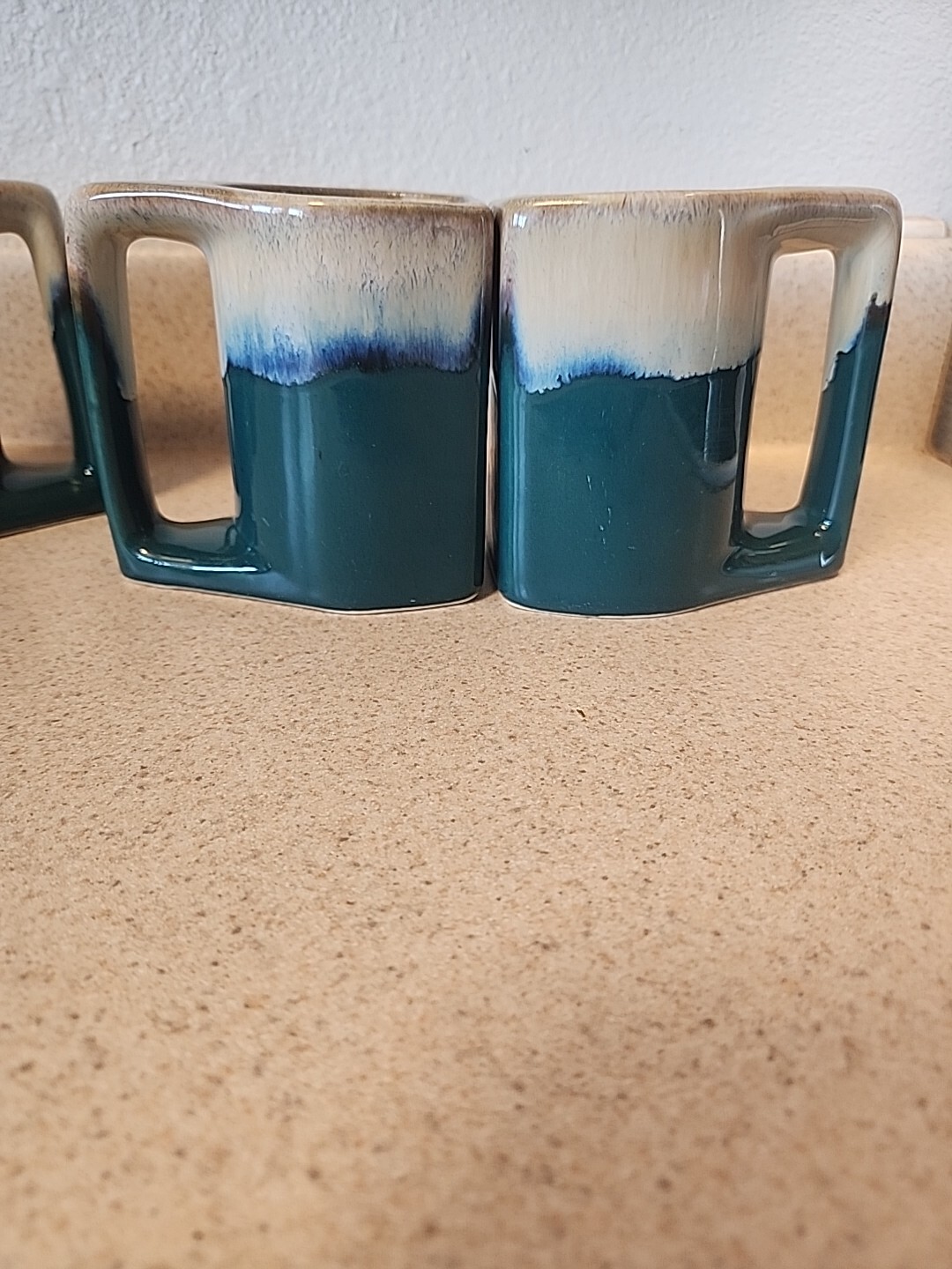 VTG Padilla Signed Stoneware Mugs Blue/Tan Drip Glaze Set of 4 boho