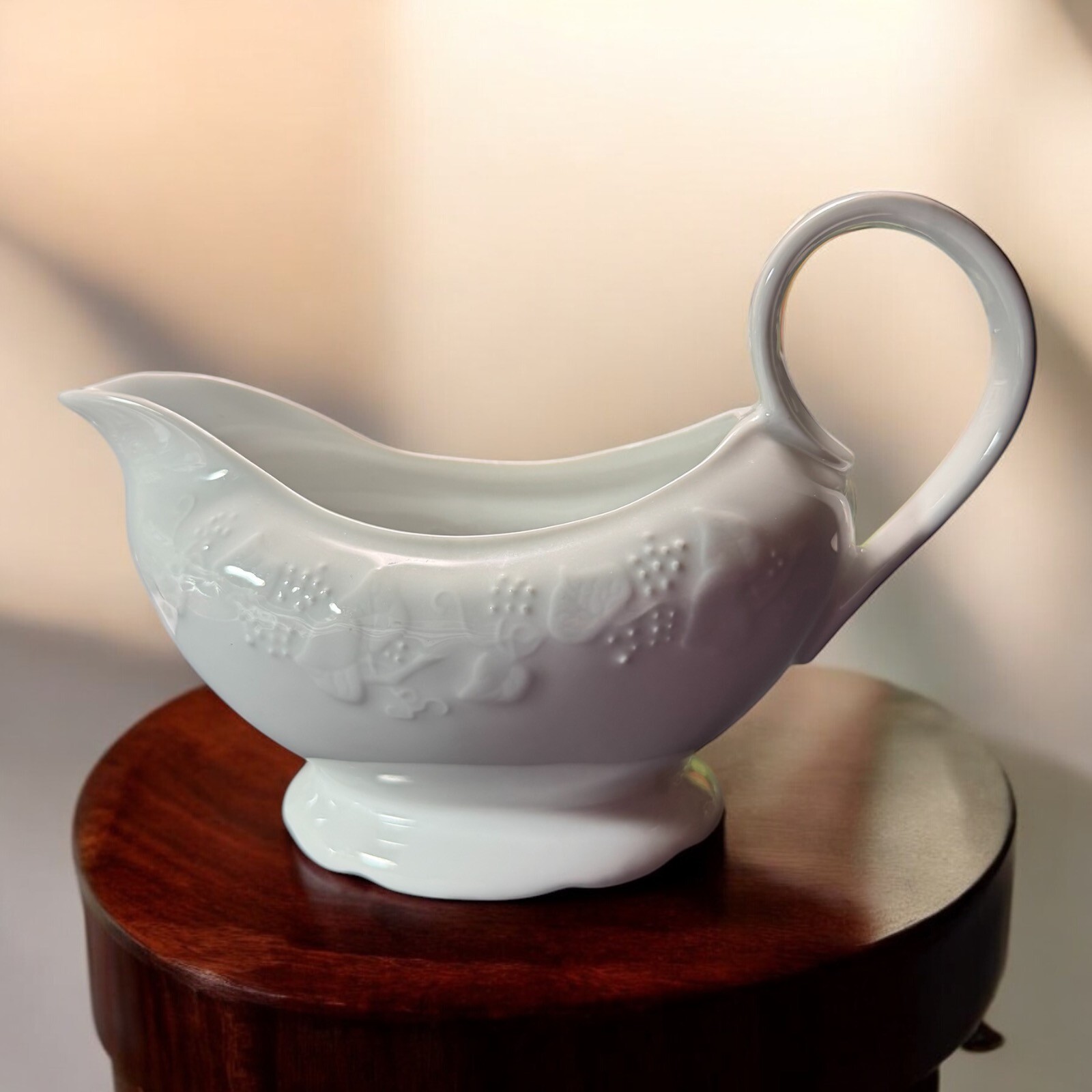 Dansk Ivy Embossed Fruit and Leaves White Gravy Boat