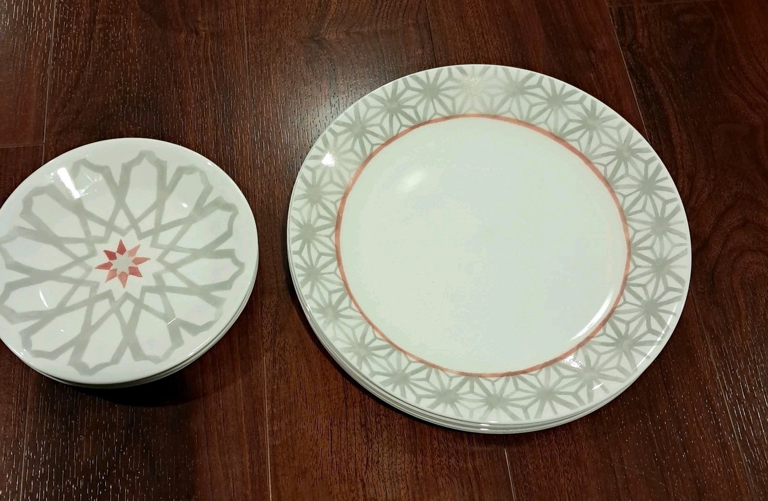 Corelle Service For 6 Amalfi Rose Mediterranean Inspired Grey w/Pink Geometrics