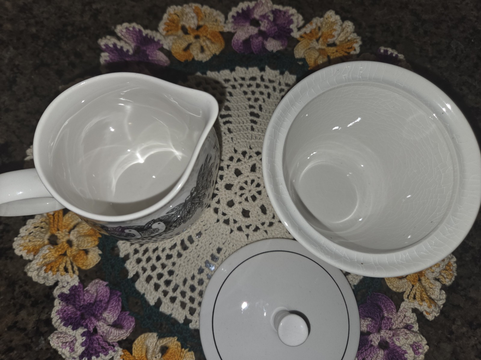 Set- Fransican Bird N Hand White Stoneware Creamer And Sugar Bowl