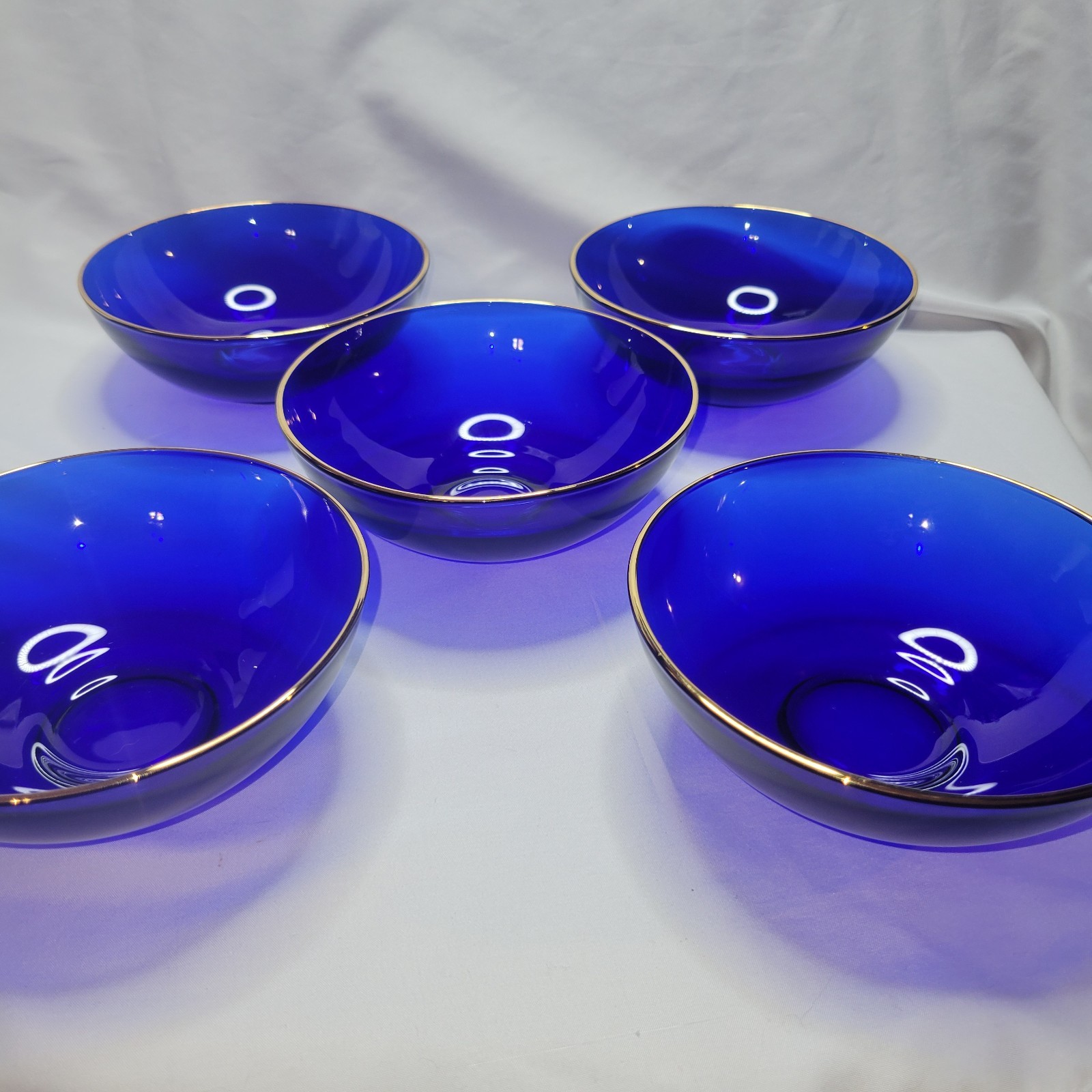 Medici Cobalt Blue mouth Blown Bowls Gold Rim 5.5″ 24k gold rim Lot of 5