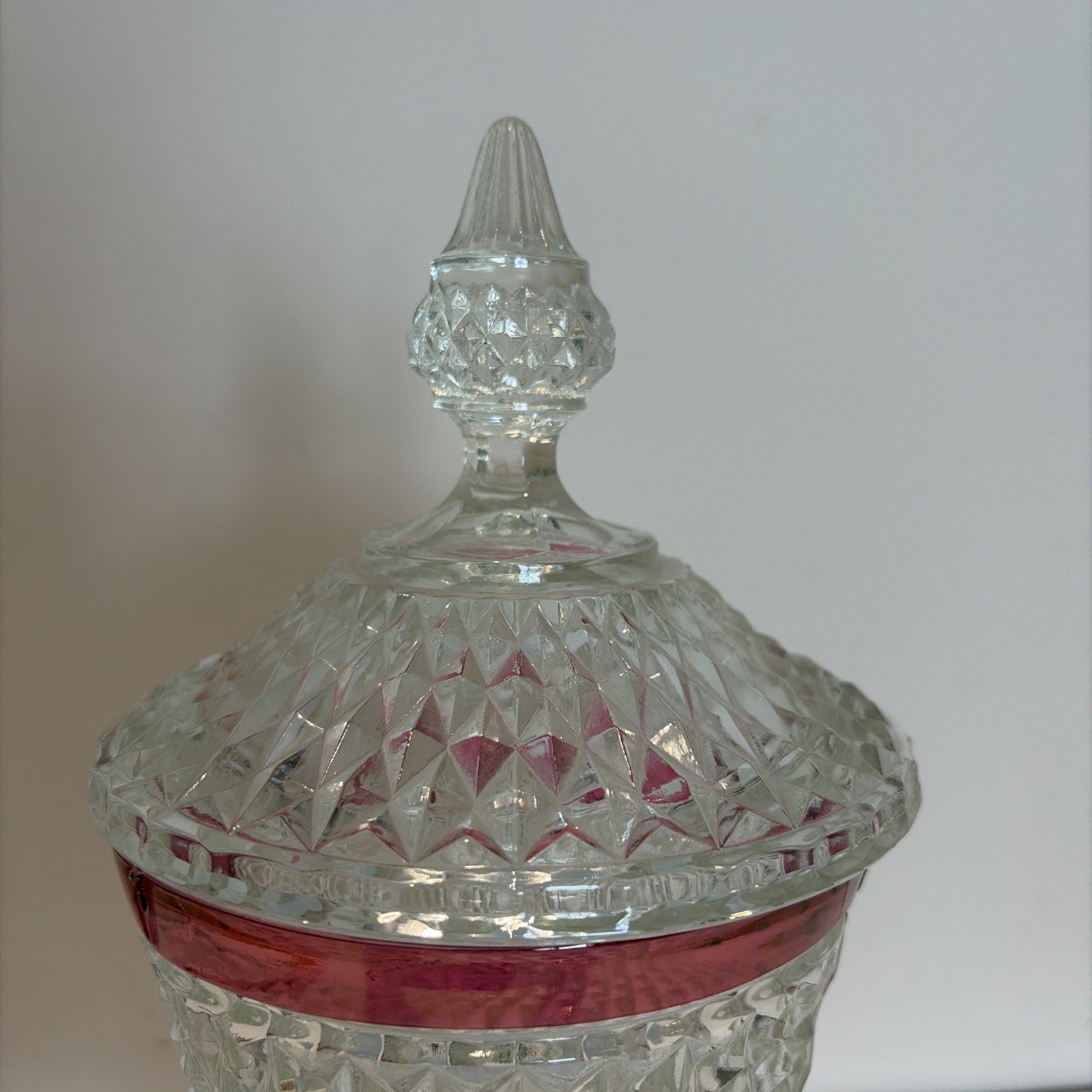 VTG Indiana Glass Diamond Point Ruby Band Covered Candy Dish Chalice 15.5″ Tall