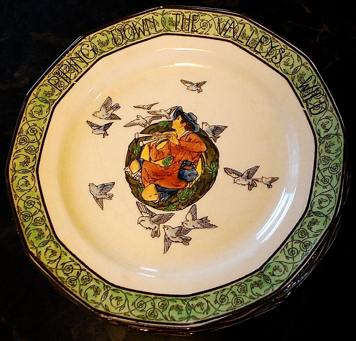 RARE Antique Set 6 Royal Doulton PIPING DOWN THE VALLEYS WILD Plates c1911 8.5″