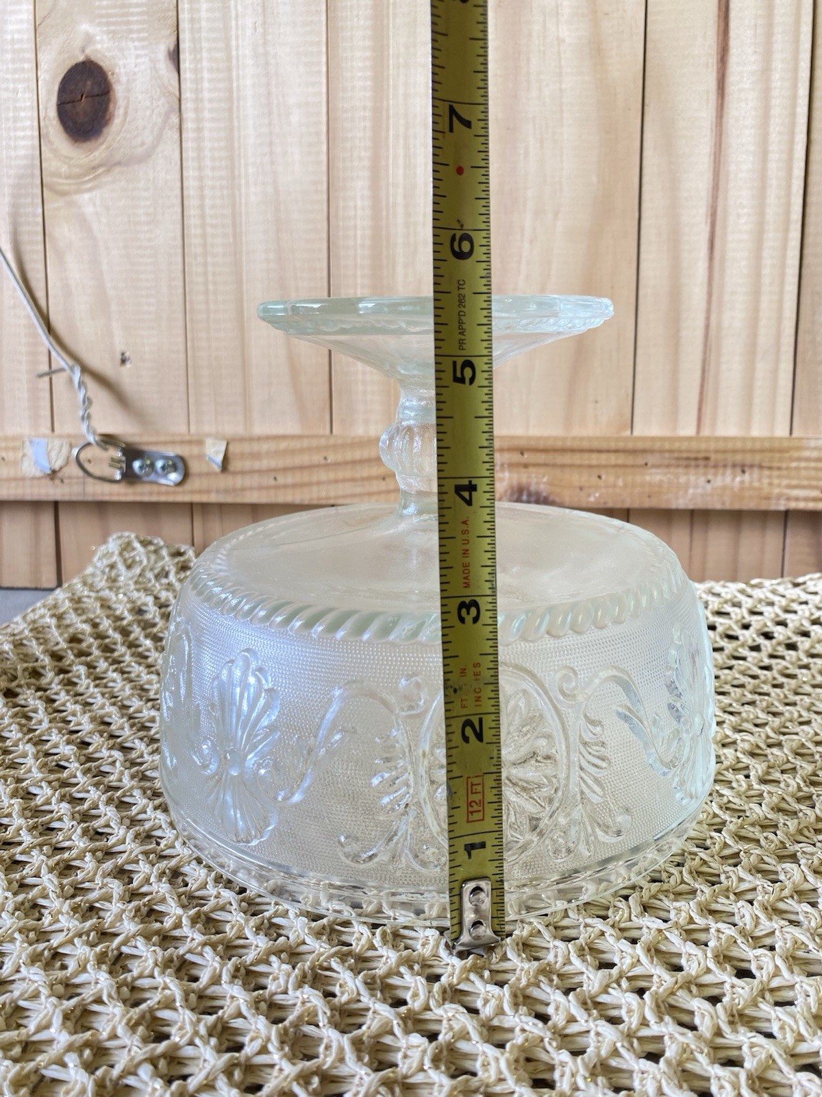 Vintage Clear Pressed Glass Pedestal Compote Bowl Decorative Pattern Glossy
