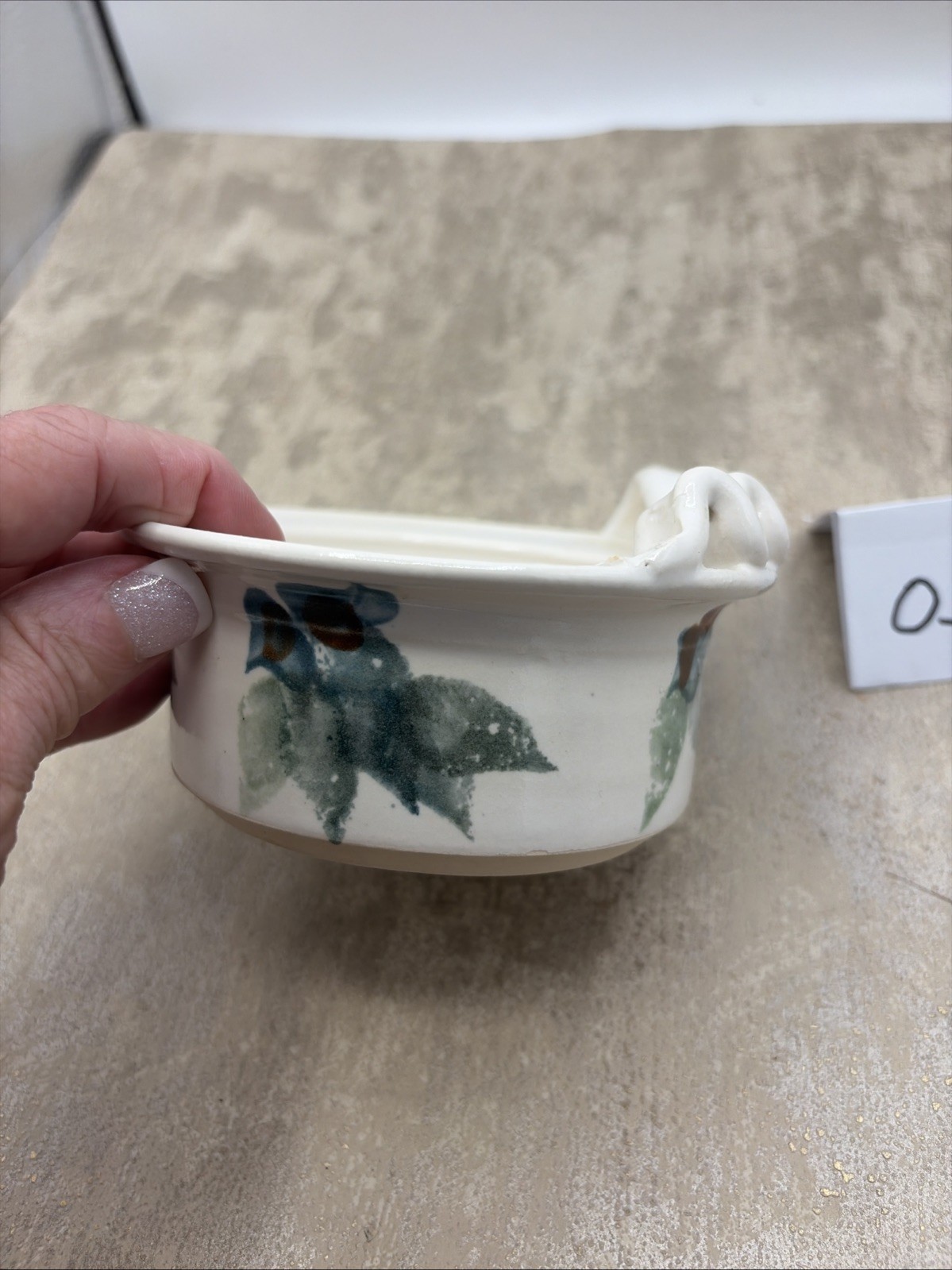 Handmade Studio Art Decor Trinket Dish Top Ribbon Design With Green & Blue Leaf
