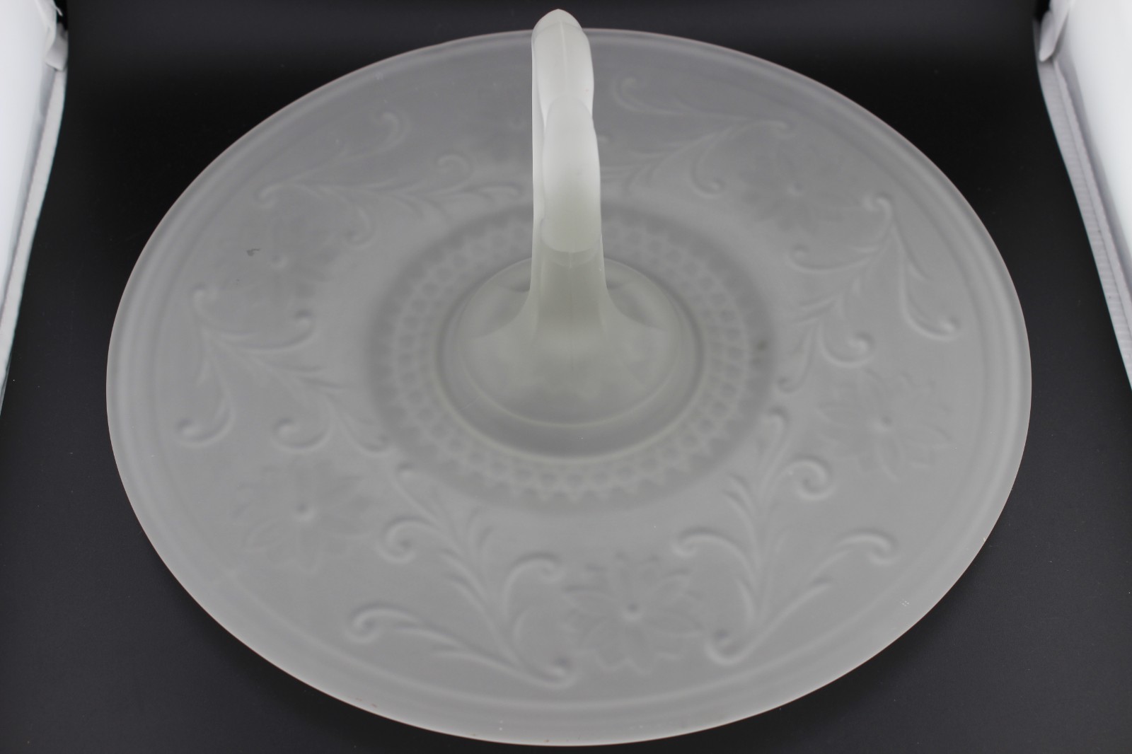 Tiara Indiana Glass Satin Frosted Sandwich 12″ Handle Party Server Platter AS IS