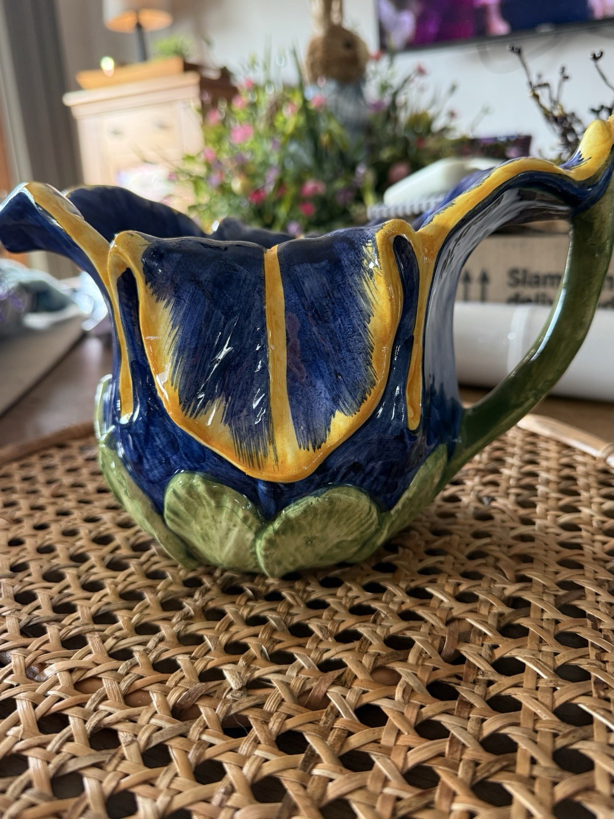 VTG ITALIAN HANDMADE POTTERY IRIS PITCHER MAJOLICA STYLE COBALT BLUE YELLOW
