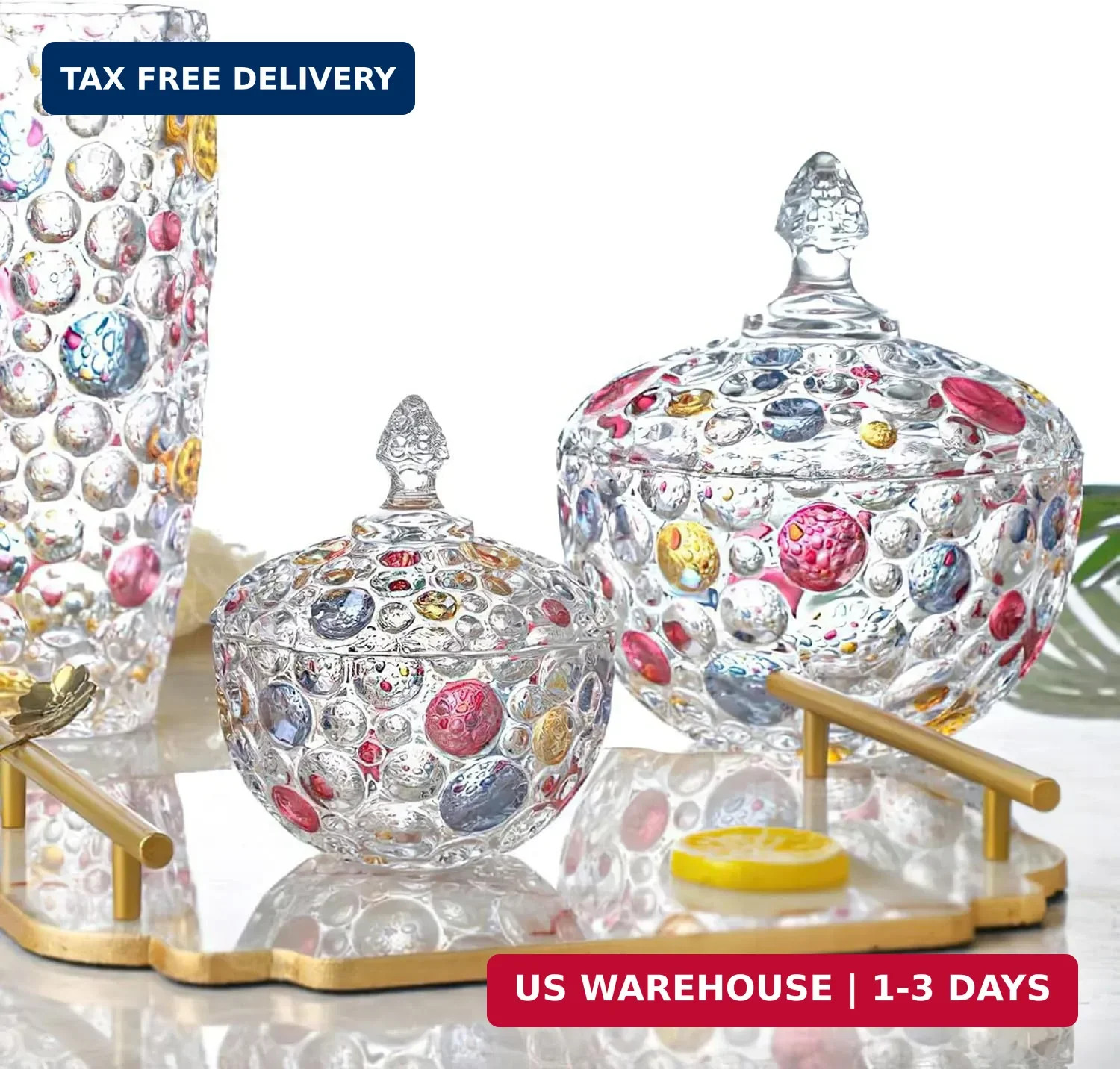 Colorful Glass Candy Jar, Elegant Hand Painted Candy Server Crystal Candy Bowl w