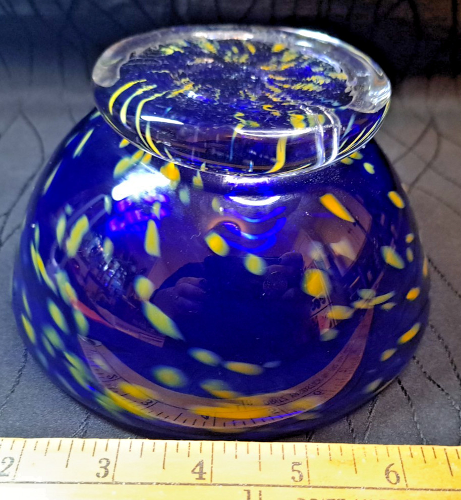 2018 Hilltop Hand Blown Art Glass Cobalt Blue Yellow Frit Bowl Signed
