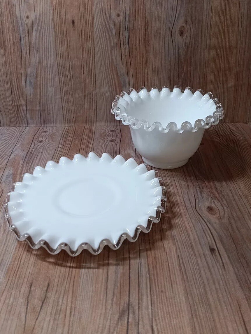 Vintage Fenton Silver Crest Milk Glass Mayonnaise Bowl With Saucer