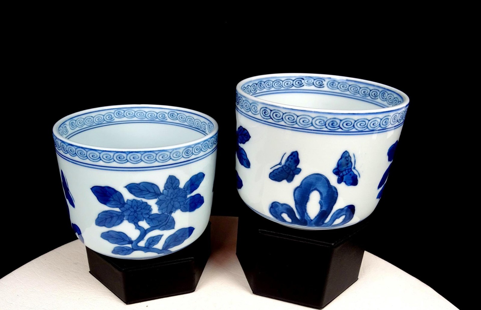 Asian Art Pottery Blue And White Butterfly And Floral 2 Piece 3 5/8″ Bowls