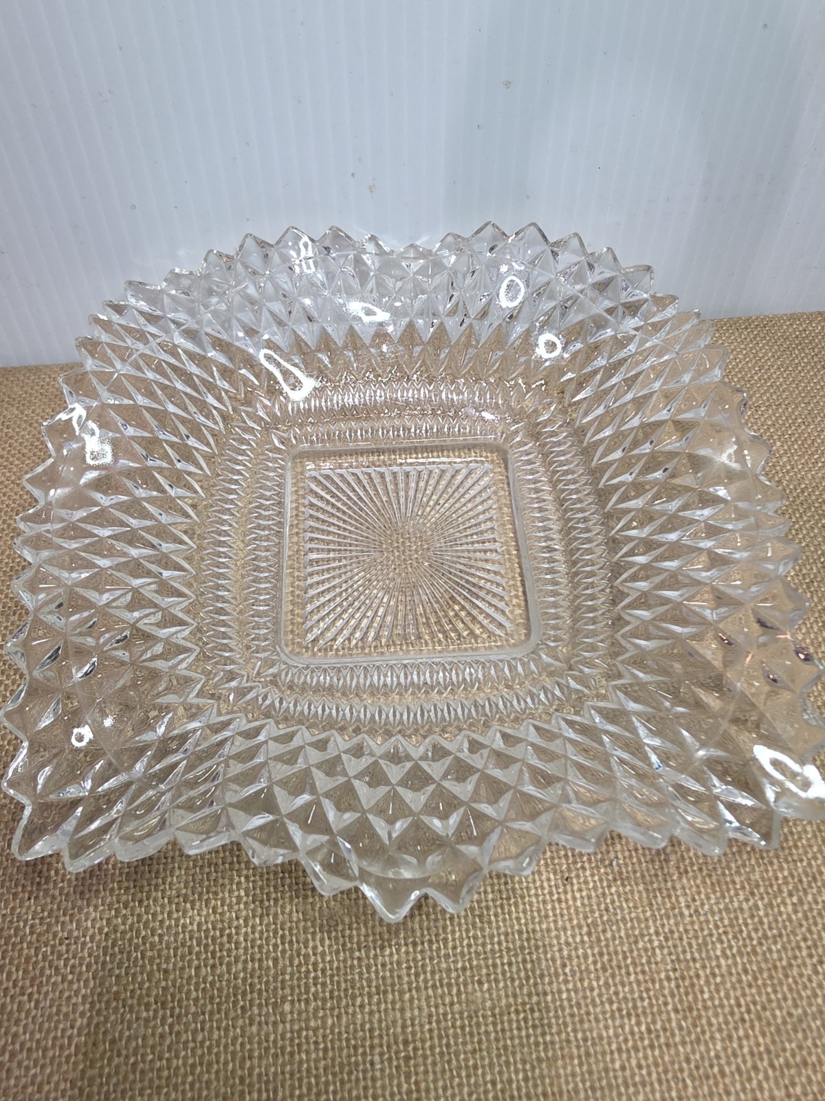 Vintage Clear Indiana Glass Co Square Ruffled Diamond Point Candy Nut Dish Bowl