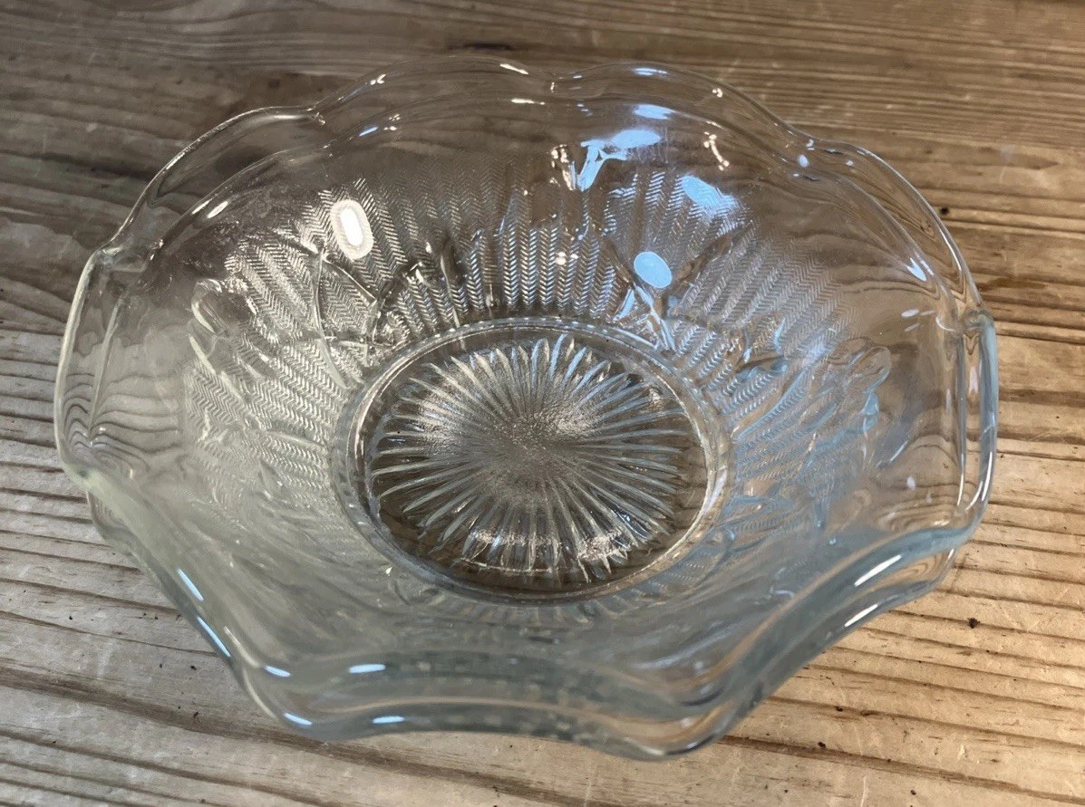 Vintage Jeannette Glass Iris and Herringbone Clear Glass Bowl 5 in Ruffled Edge