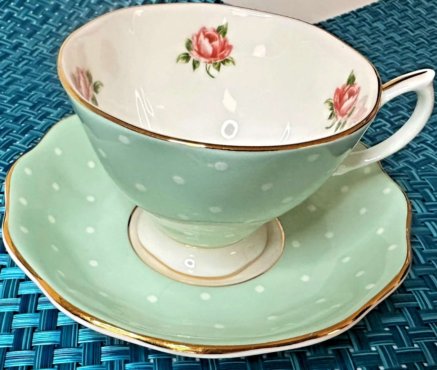 Royal Albert Polka Rose Mint Green Teacup & Saucer Bone China England
