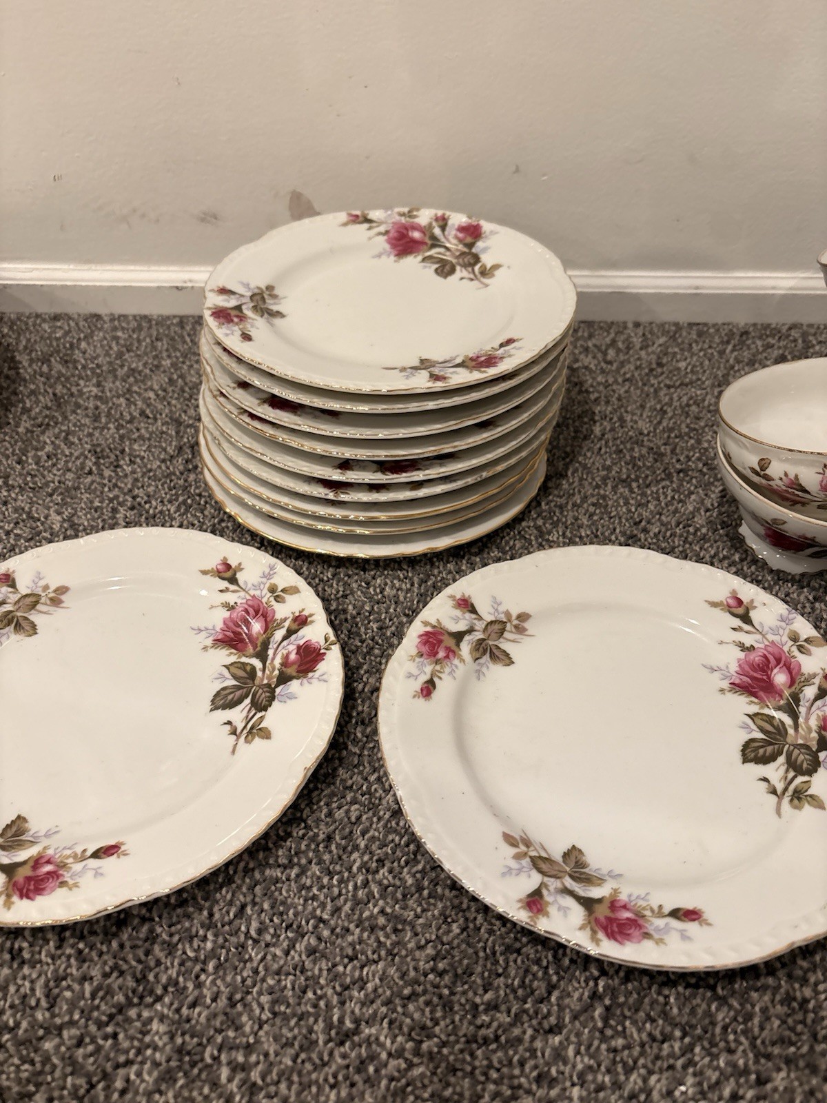 Unmarked Porcelain Floral Dinner Set White/Pink/Green w/ Gold Trim Teapot