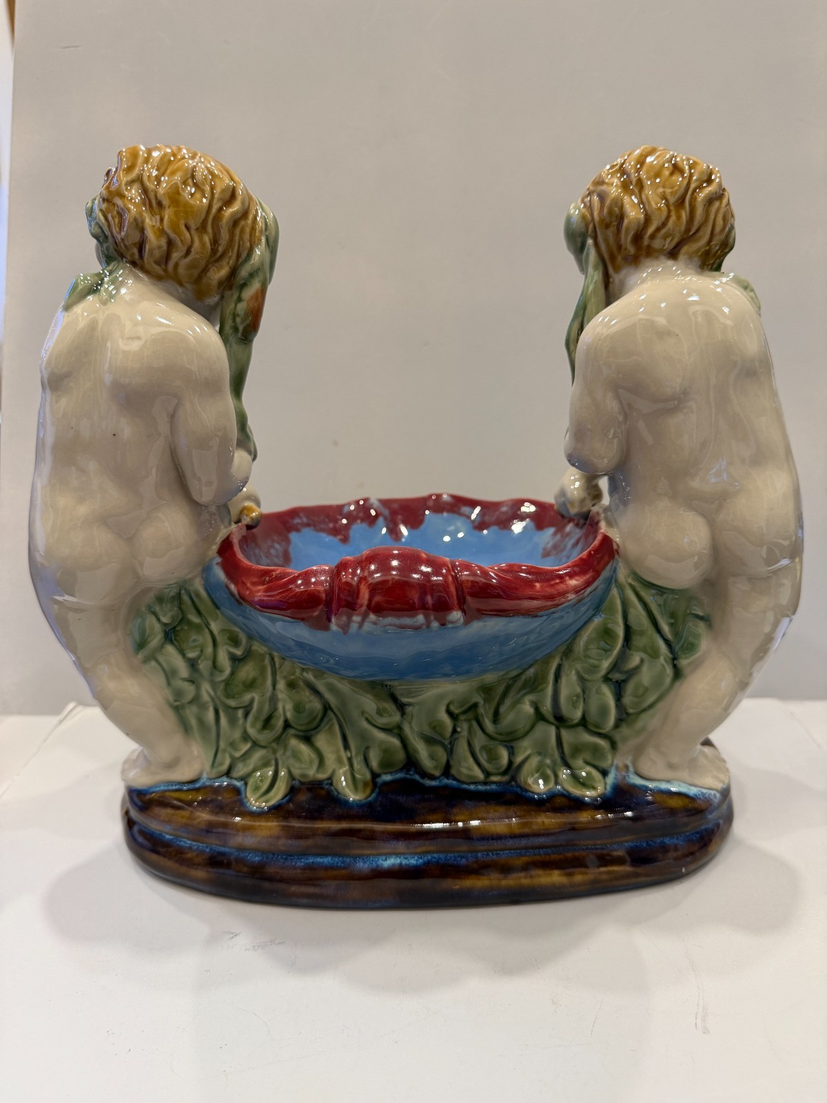 Antique English Majolica Putti Shell Bowl Centerpiece Late Victorian 10 inches
