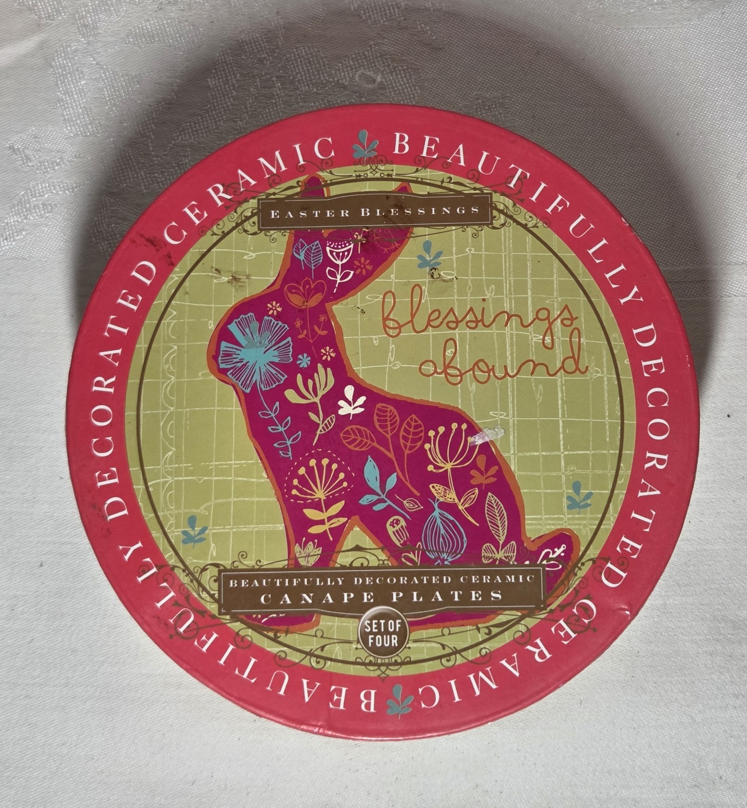 4 Certified International EASTER RABBIT BUNNY BLESSINGS Appetizer Plates w/Box