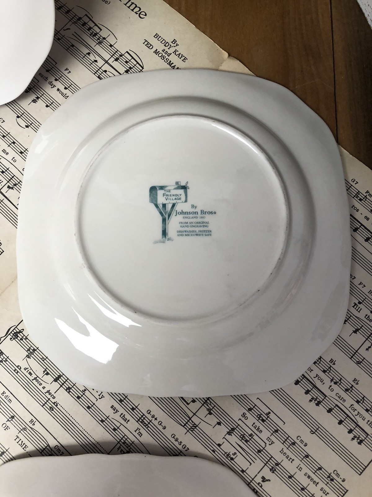 Johnson Bros The Friendly Village 4 Square Salad Plates 7.5″ Covered Bridge 1883