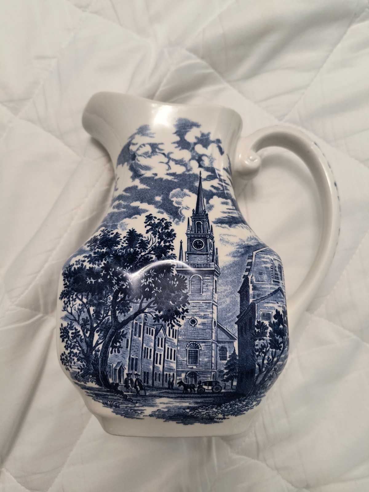 Staffordshire Liberty Blue Ironstone The Old North Church 32 oz Pitcher EUC