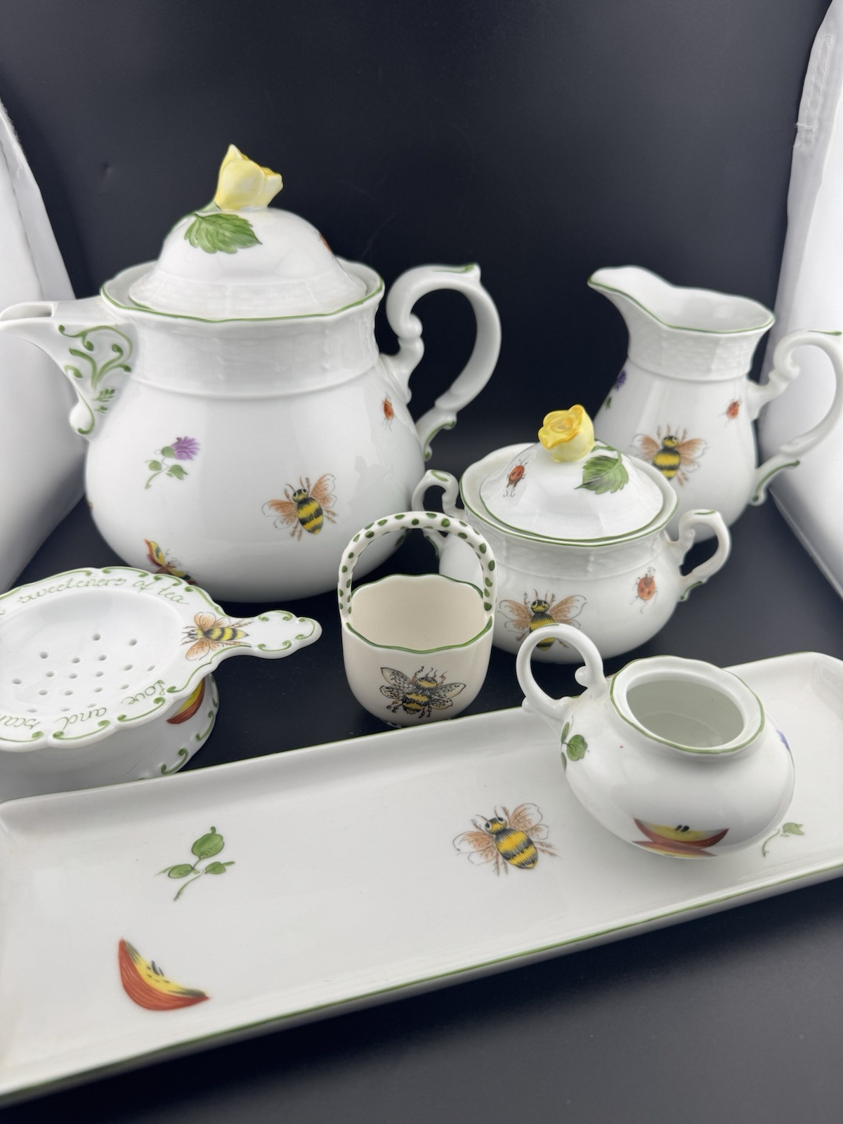 Thun Czech Porcelain Basket Weave Tea Set Hand Painted Bees Flowers And Fruit