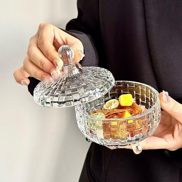 Candy Jar with Lid Crystal Candy Dish Bowl Weave Design Glass Sugar Storagefor W