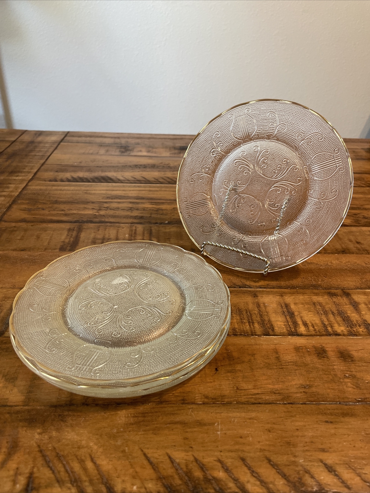 4 Jeannette HARP CRYSTAL ” CUPS & SAUCERS * 4 Ashtrays/coasters & 4 Salad Plates