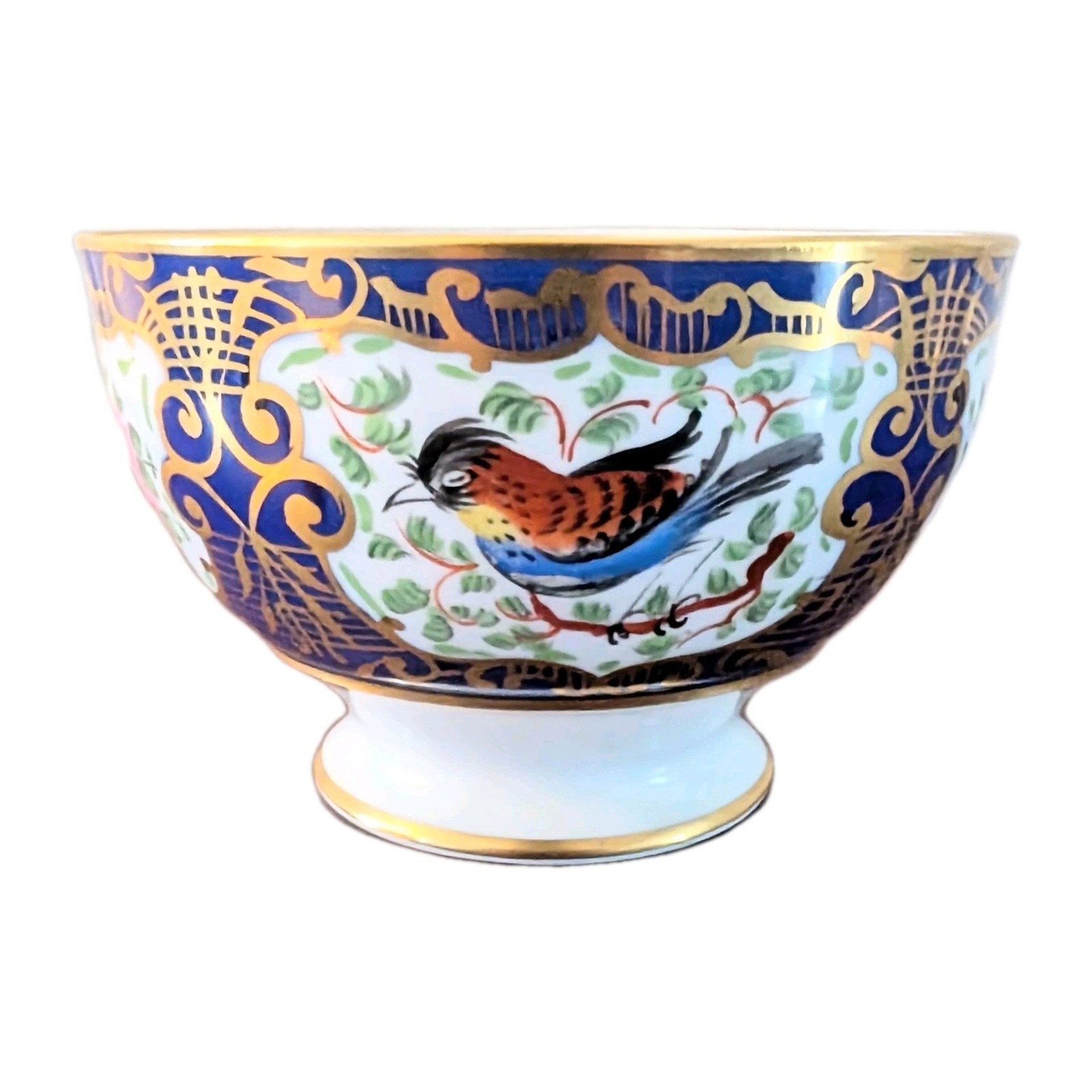 Antique 19th Century Porcelain Blue Ground Exotic Fancy Bird Bowl, Waste Bowl