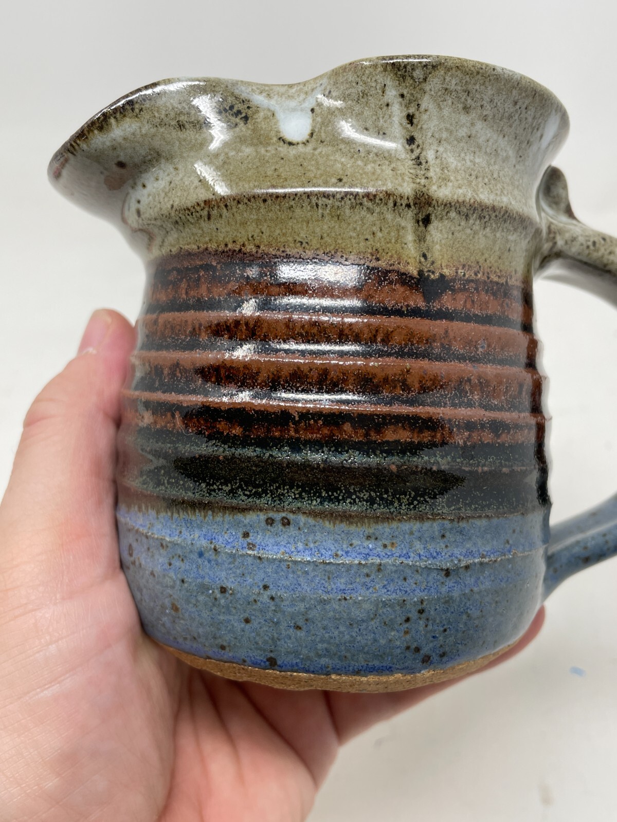 Studio Art Pottery Stoneware Creamer Pitcher Blue Brown Marked Rustic 4.5in