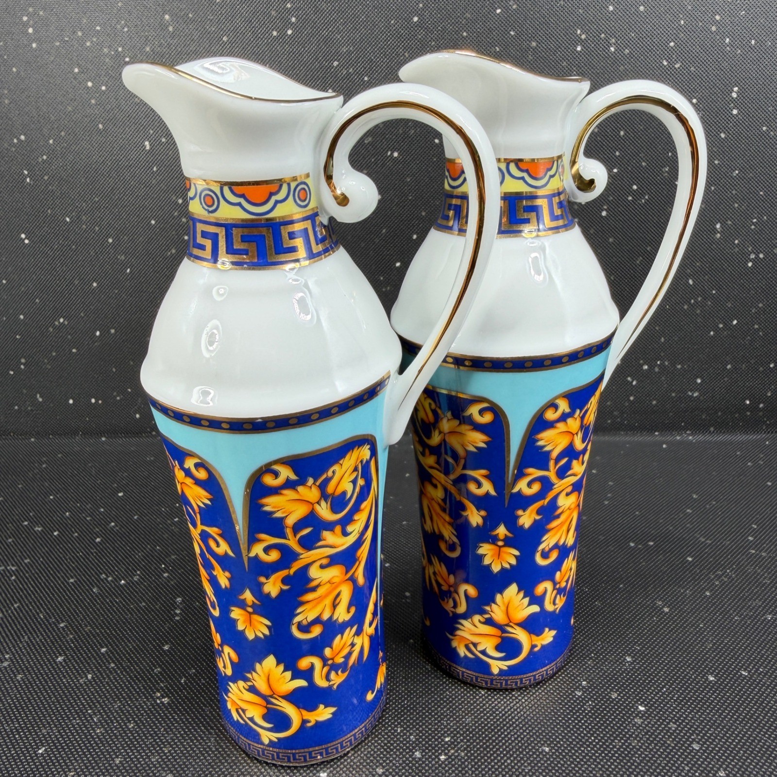Limoges Casa Elite Bacchus God of Wine Cruet Set 2 Porcelain Jars Blue Gold