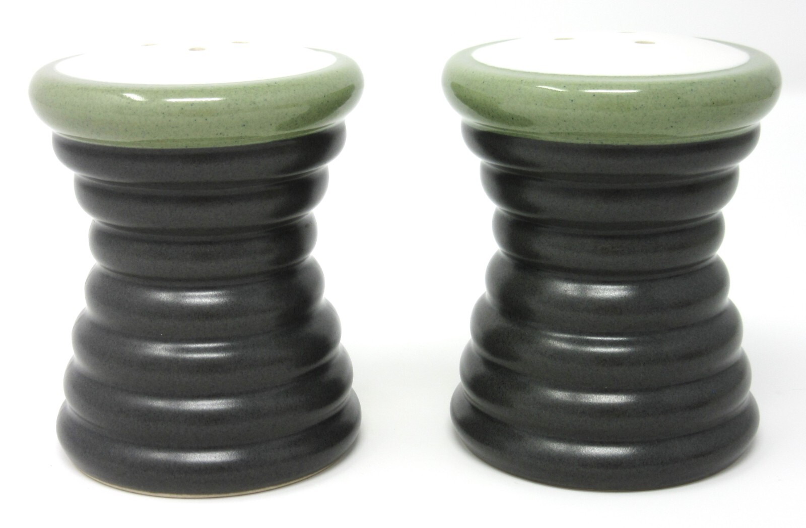 Pfaltzgraff Sphere Salt & Pepper Shaker Set charcoal grey w/ olive green & white