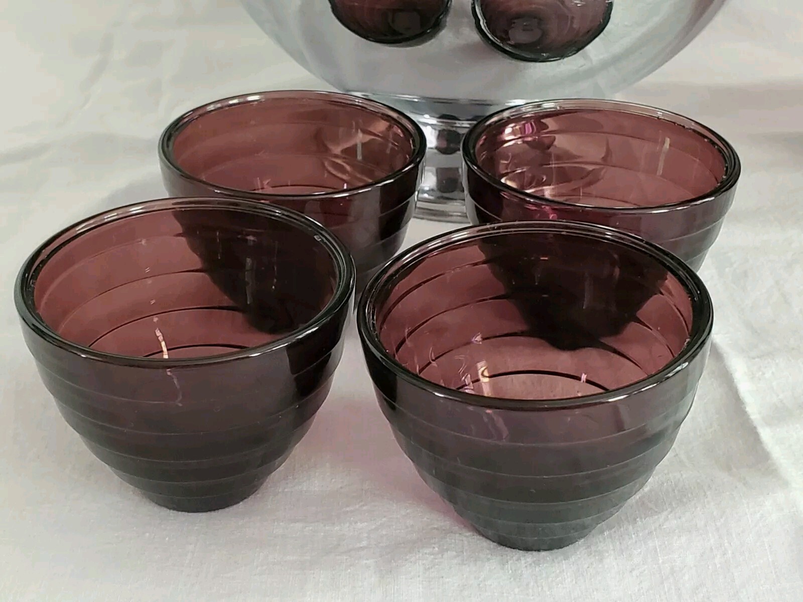 Vtg 30’s Hazel Atlas Purple Amethyst Punch Bowl Chrome Art Deco Moderntone Cups