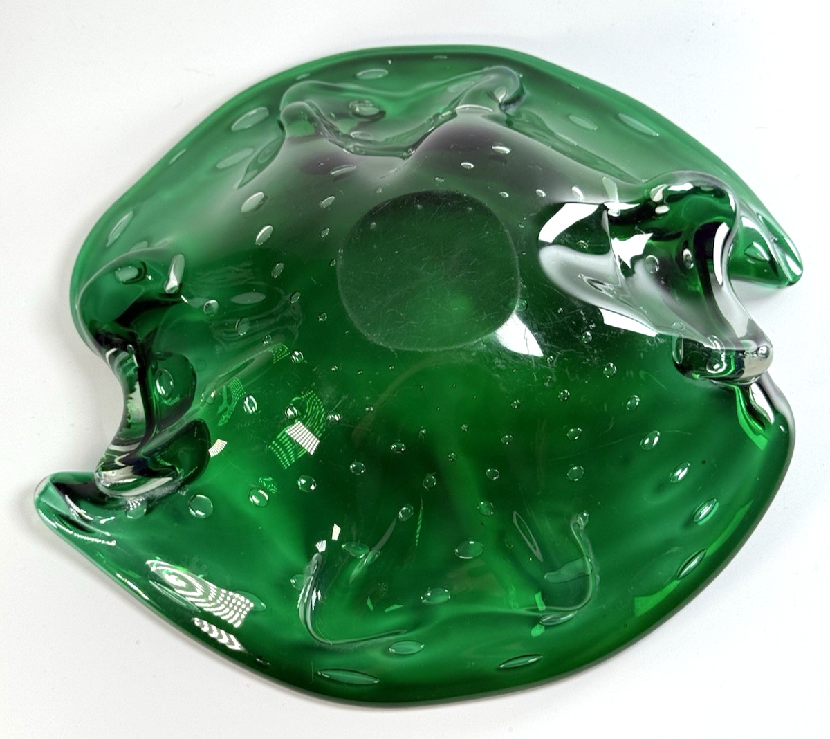 Hand Blown Controlled Bubble Dark Green Thick Glass Decor Bowl