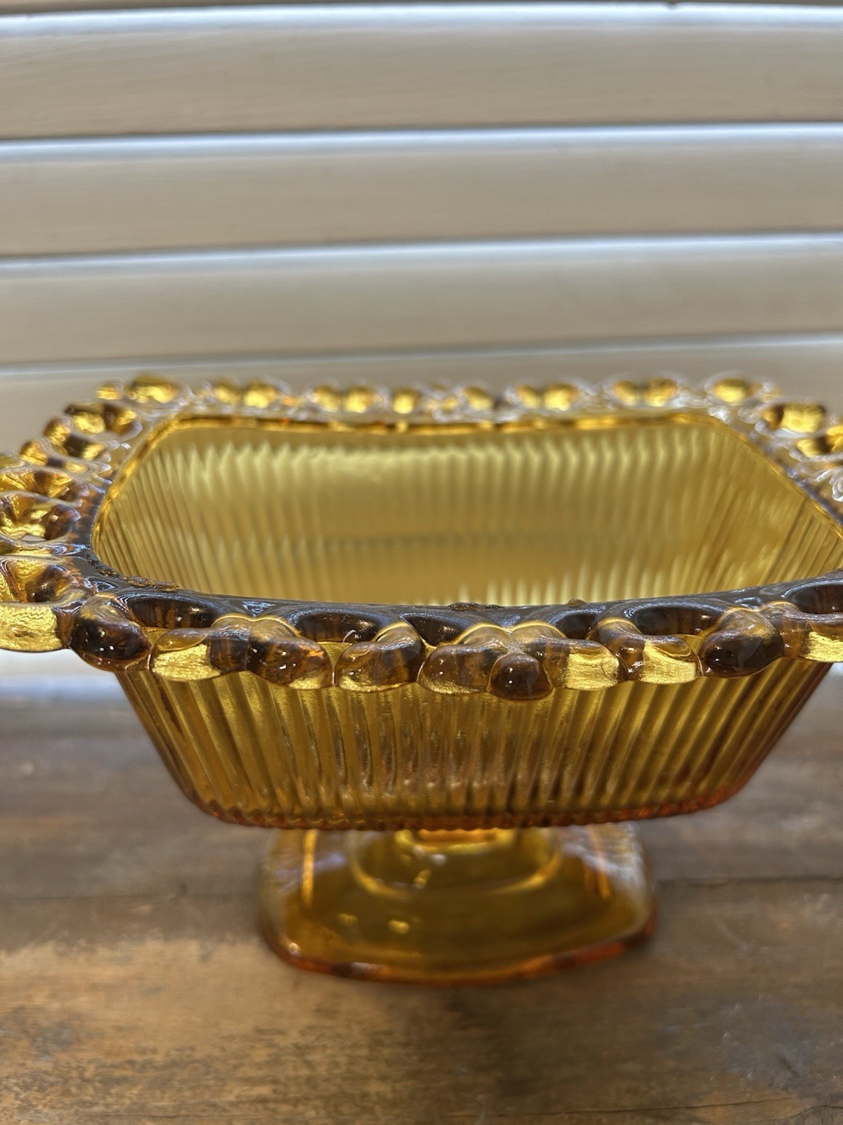 Indiana Glass Company “Lace Edge” Amber candy dish