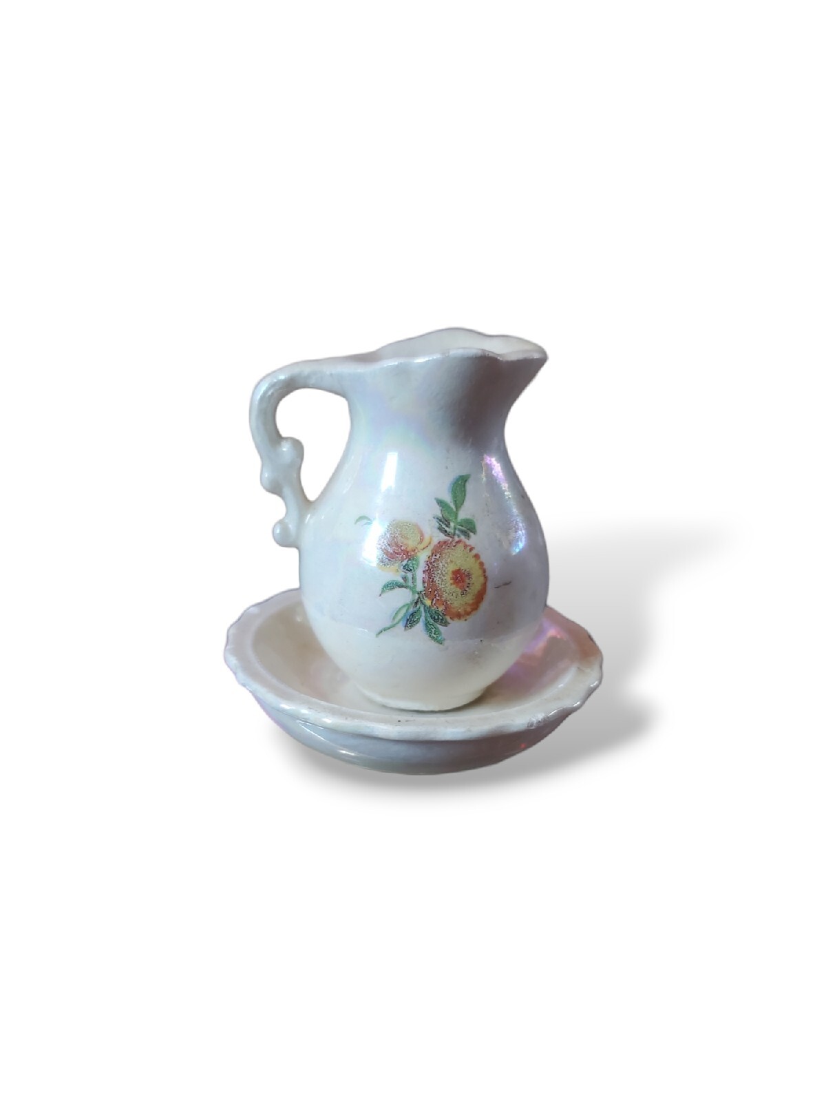 Vintage Miniature Creamer Pitcher And Saucer Set Floral Picture On Pitcher