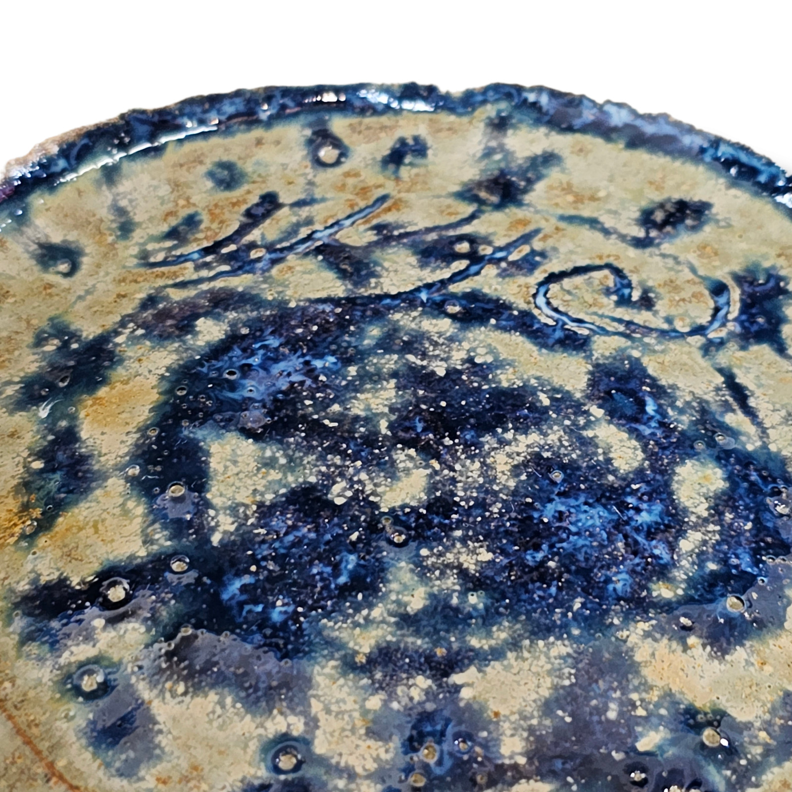 Vintage Studio Art Pottery Raised Footed Bowl Ceramic Blue Brown Signed 8.5″