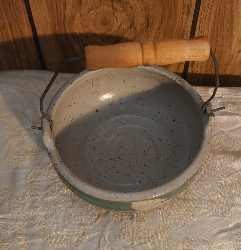 Stoneware Bail handle bowl signed small, miniature, green, tan and grey